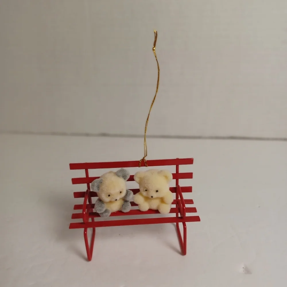 Vintage Flocked Bears on Red Bench‎ Christmas Ornament 3